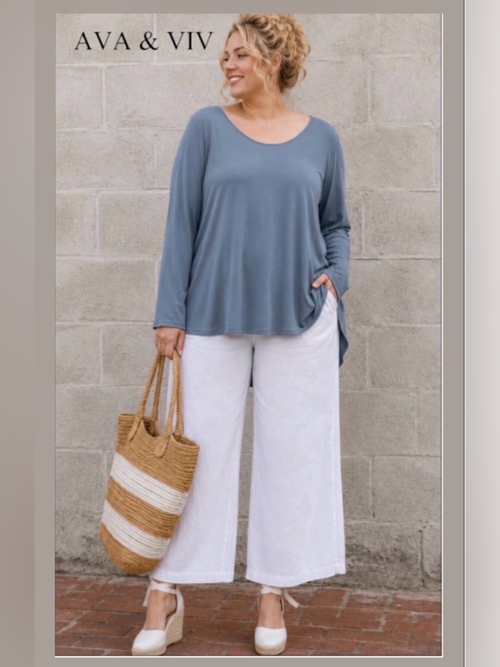 4X Ava & Viv Scoop Neck Flowy Long Sleeved Top in Sandwashed Blue